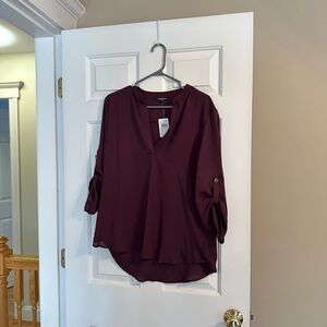 Eclipse Women's V-Neck Roll-Sleeve Blouse in Burgundy